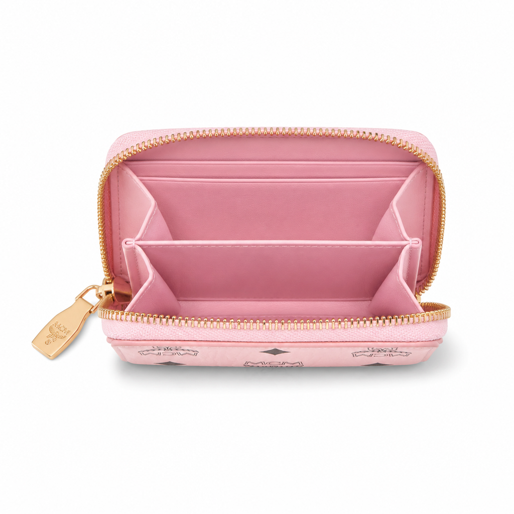 MCM Visetos Zip Wallet – Classic Coated Canvas Short Wallet in Pink, 11x8.5x2cm