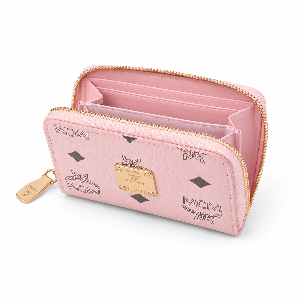 MCM Visetos Zip Wallet – Classic Coated Canvas Short Wallet in Pink, 11x8.5x2cm