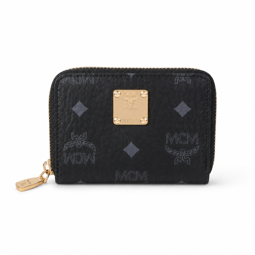 MCM Visetos Zip Wallet in Black – Tonal Monogram Coated Canvas Card Holder & Coin Pouch with Gold Plaque, 11x8.5x2cm