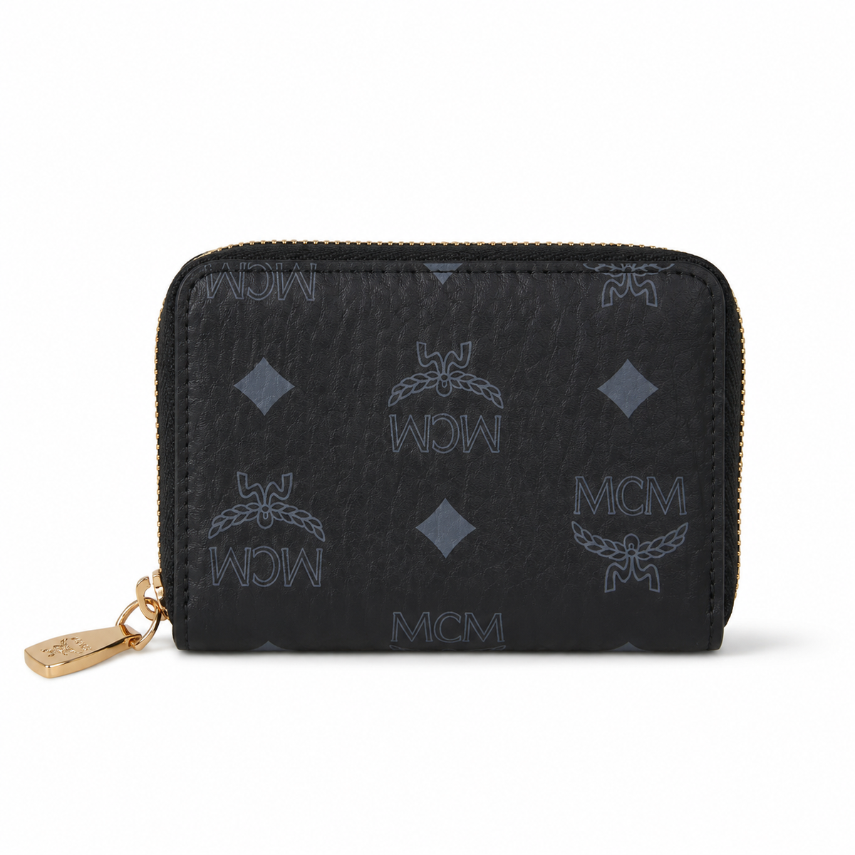 MCM Visetos Zip Wallet in Black – Tonal Monogram Coated Canvas Card Holder & Coin Pouch with Gold Plaque, 11x8.5x2cm