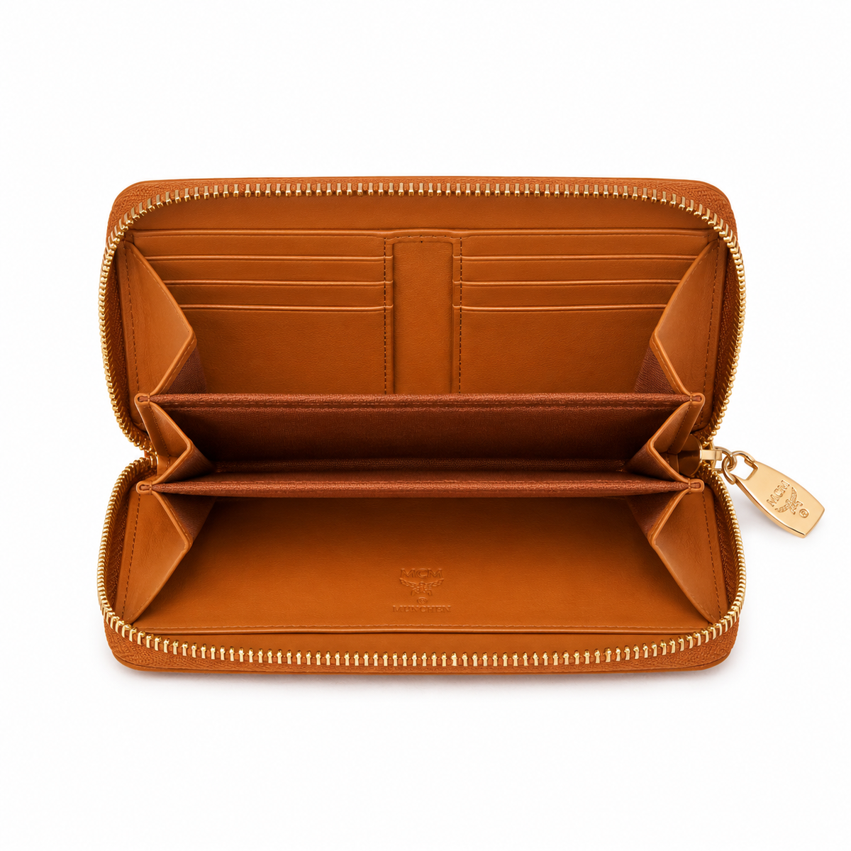 MCM Visetos Zip Wallet in Cognac – Classic Monogram Coated Canvas Short Wallet with Gold Plaque, 11x8.5x2cm