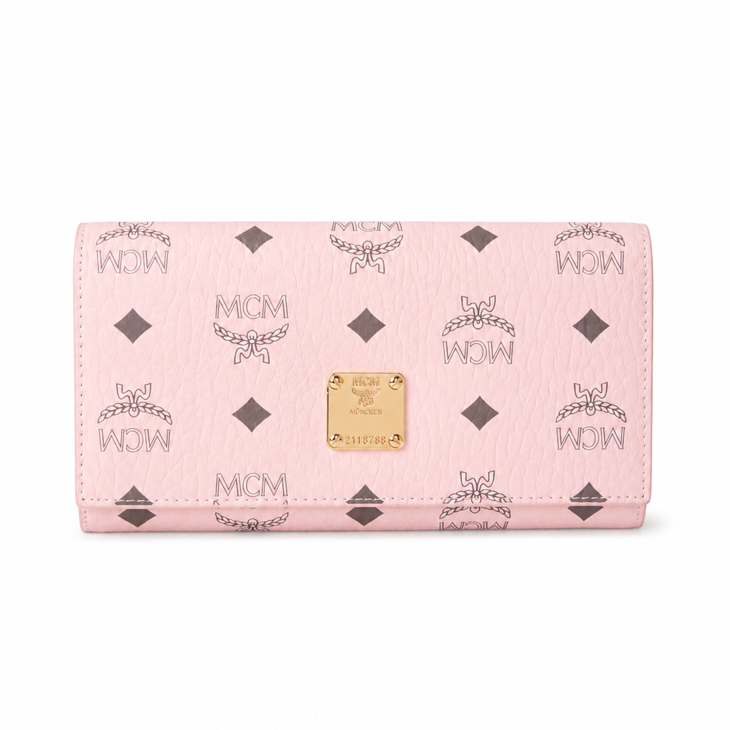 MCM Small Tracy Trifold Wallet in Visetos – Classic White Coated Leather Long Wallet with Gold Plaque, 19x10cm