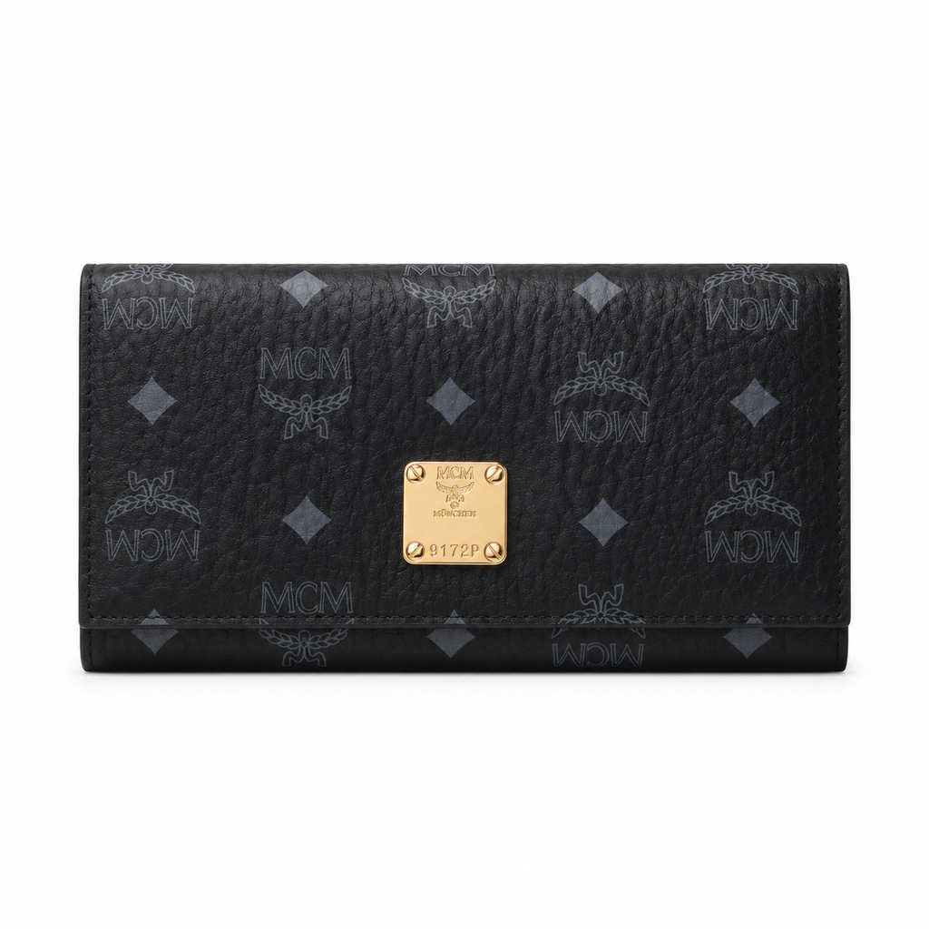MCM Small Tracy Trifold Wallet in Visetos – Classic White Coated Leather Long Wallet with Gold Plaque, 19x10cm