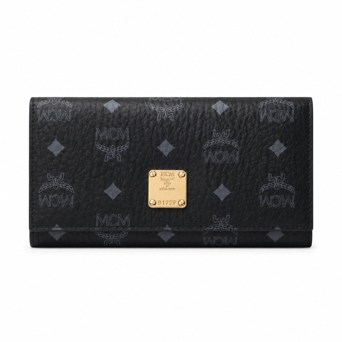 MCM Small Tracy Trifold Wallet in Visetos – Classic White Coated Leather Long Wallet with Gold Plaque, 19x10cm