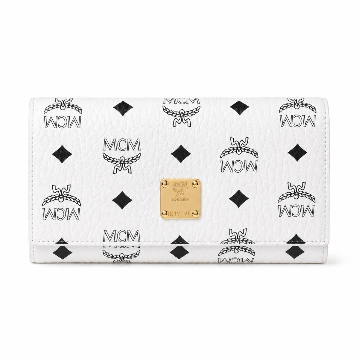 MCM Small Tracy Trifold Wallet in Visetos – Classic White Coated Leather Long Wallet with Gold Plaque, 19x10cm