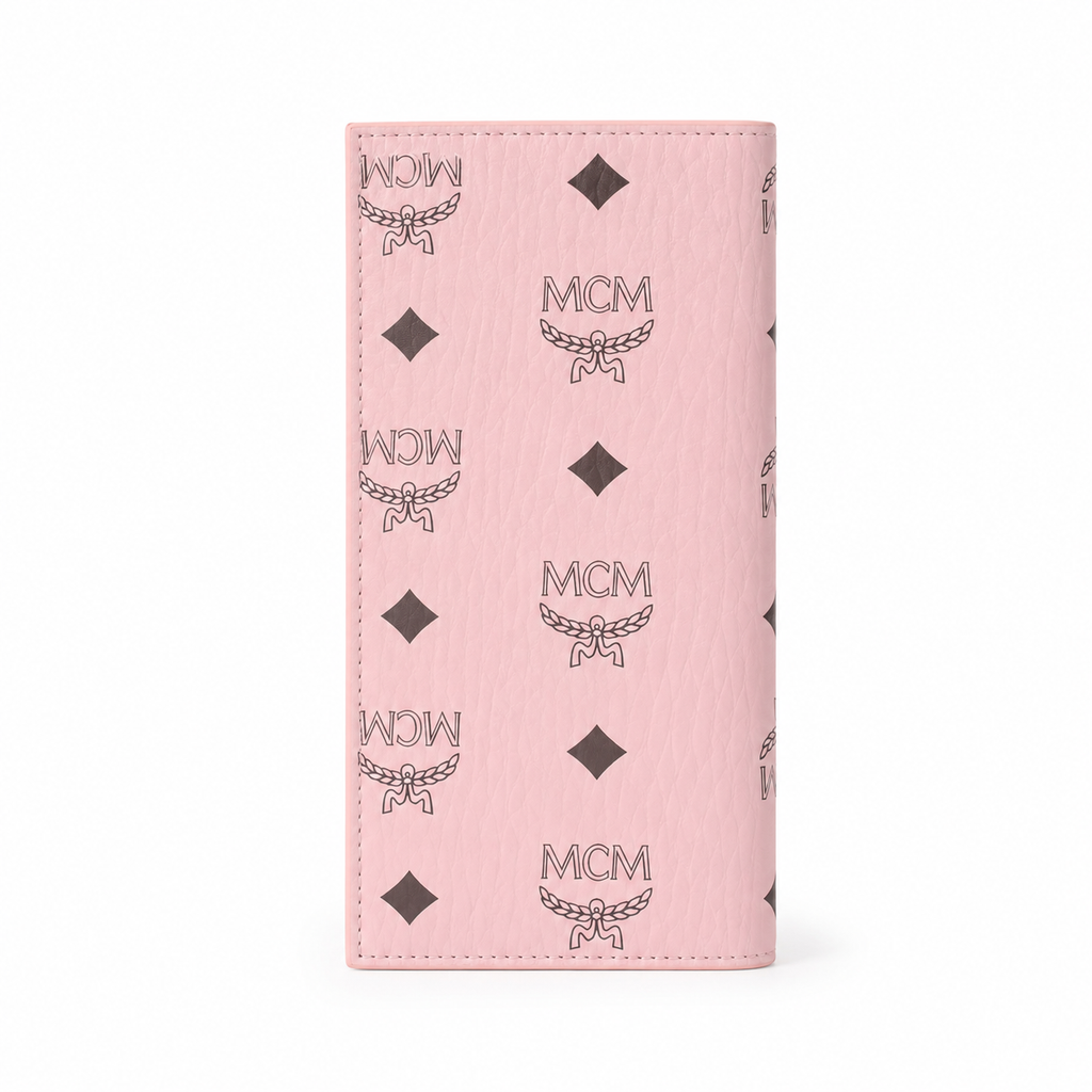 MCM Small Tracy Trifold Wallet in Visetos – Baby Pink Coated Leather Long Wallet, 19x10cm