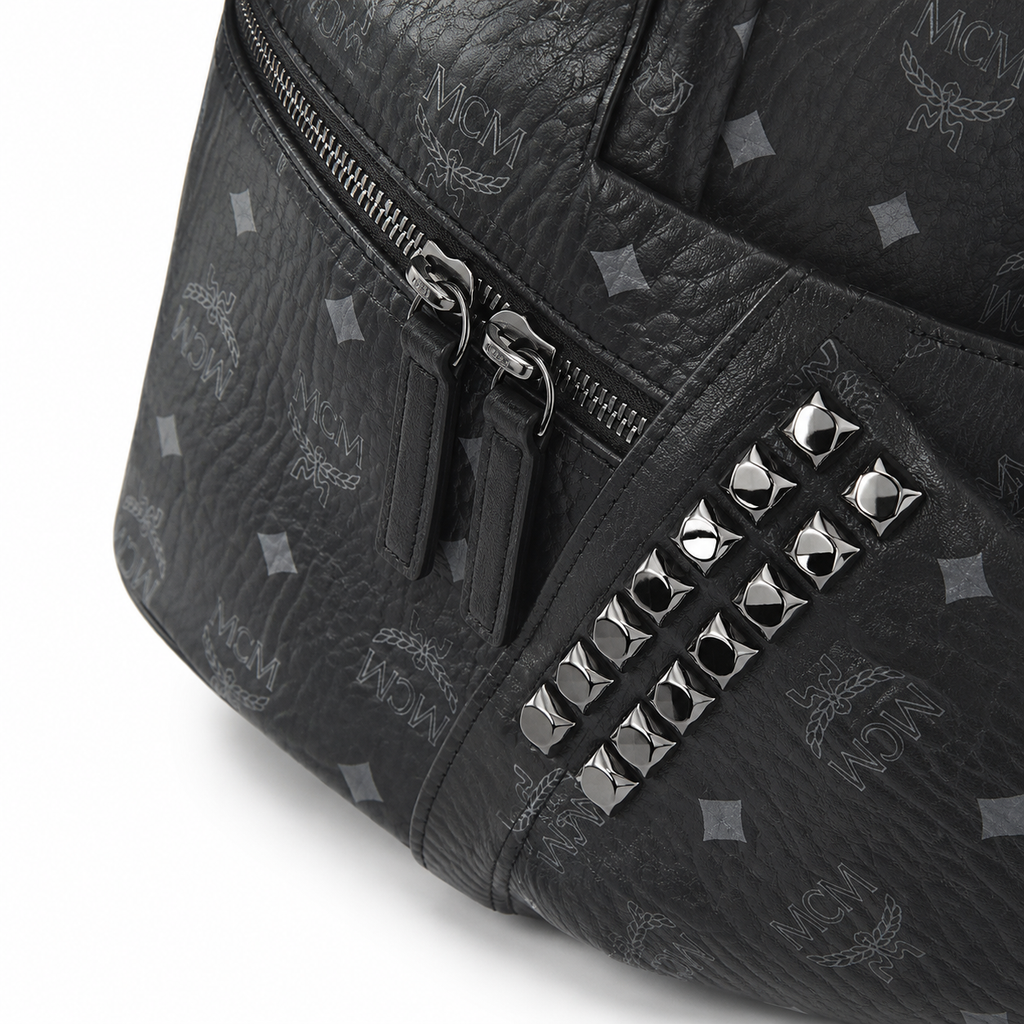 MCM Stark Large Backpack in Visetos Black – Signature Monogram Double-Sided Backpack with Pyramid Studs, 41x33x15cm