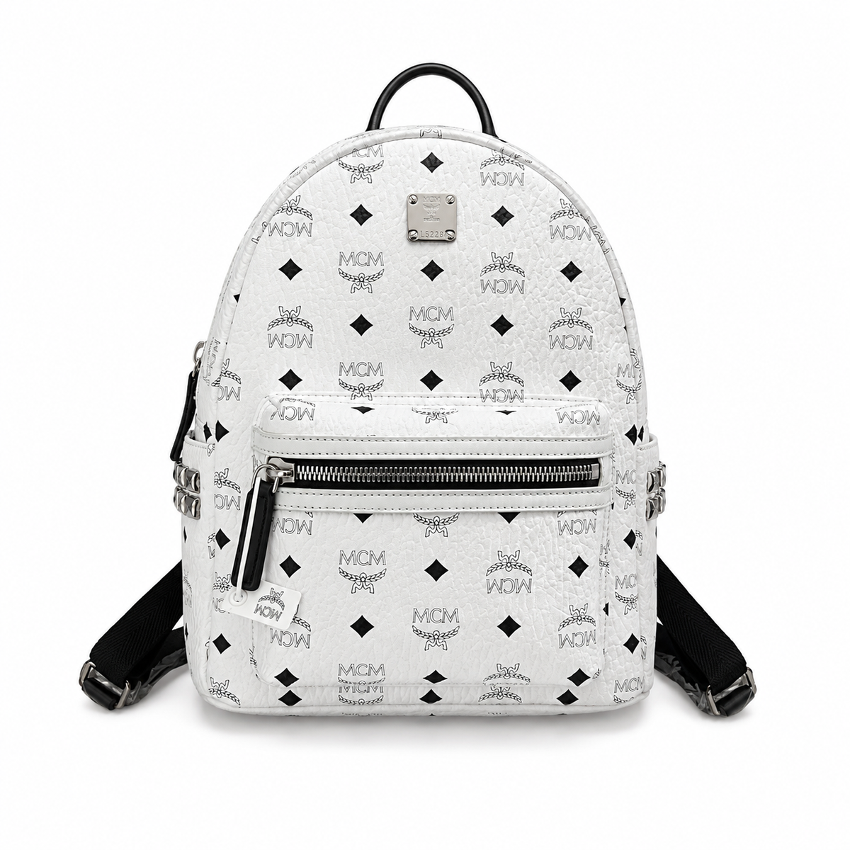 MCM Small Stark Backpack in White Visetos – Signature Monogram Side Studs Backpack with Silver Hardware, 26x33x13cm