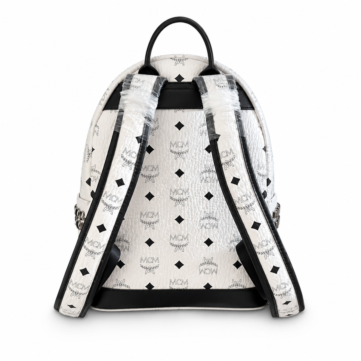 MCM Small Stark Backpack in White Visetos – Signature Monogram Side Studs Backpack with Silver Hardware, 26x33x13cm
