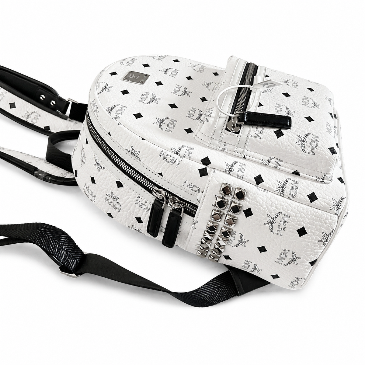 MCM Small Stark Backpack in White Visetos – Signature Monogram Side Studs Backpack with Silver Hardware, 26x33x13cm