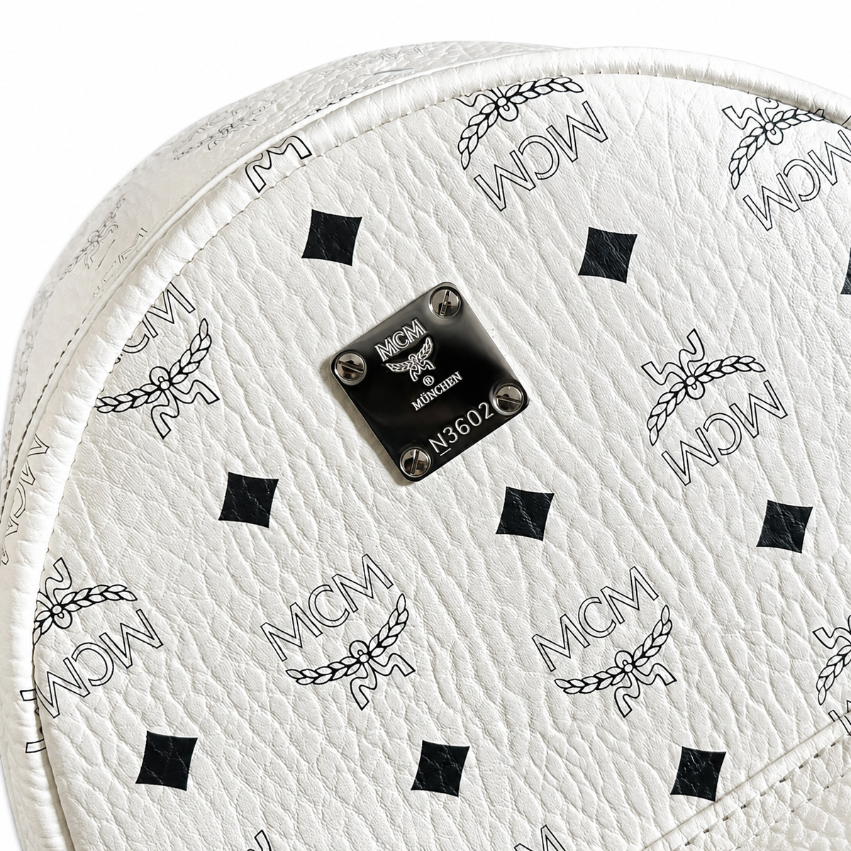 MCM Small Stark Backpack in White Visetos – Signature Monogram Side Studs Backpack with Silver Hardware, 26x33x13cm