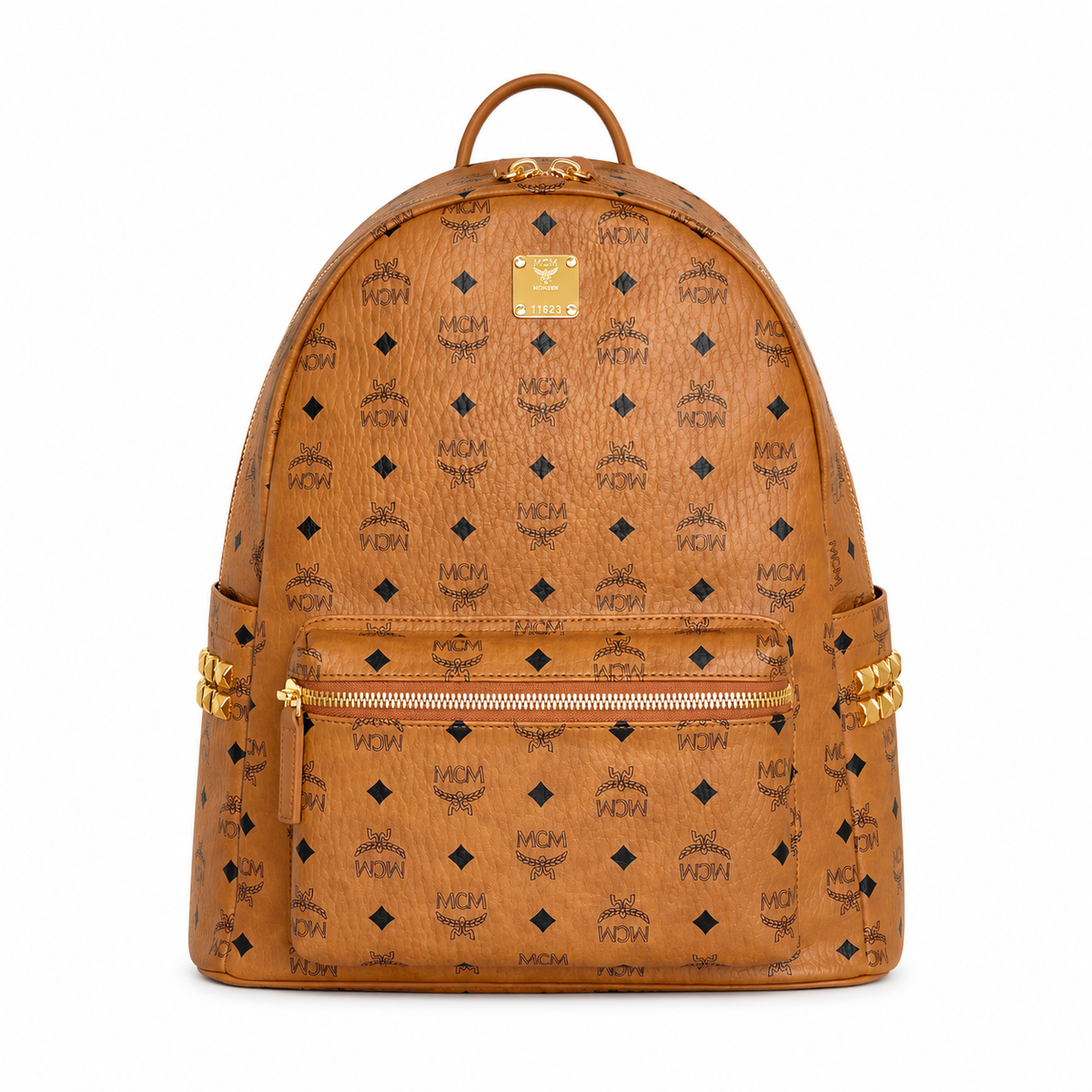 MCM Large Stark Backpack in Cognac Visetos – Classic Monogram Gold Studs Backpack with Gold Plaque, 42.5x33.5x16cm