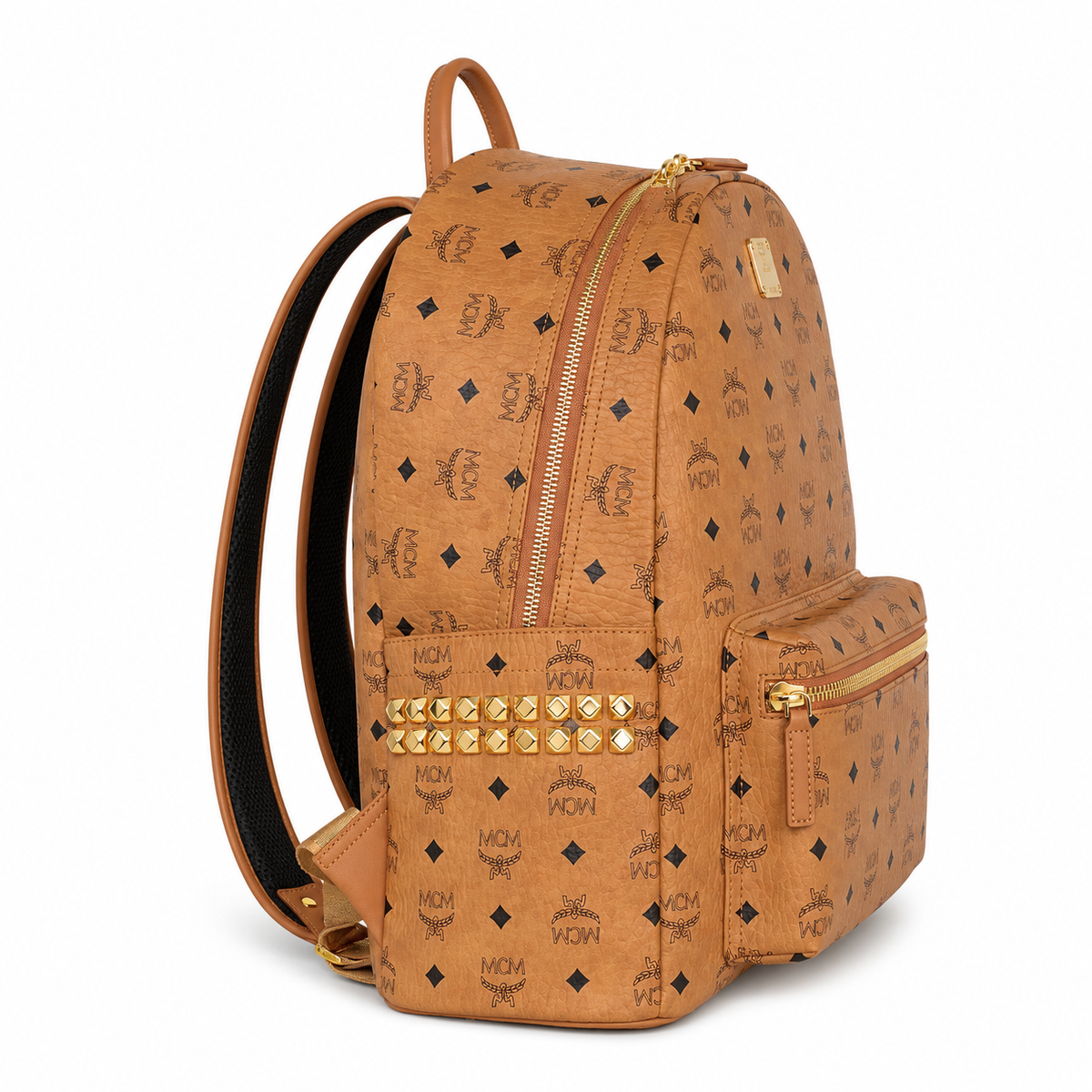 MCM Large Stark Backpack in Cognac Visetos – Classic Monogram Gold Studs Backpack with Gold Plaque, 42.5x33.5x16cm