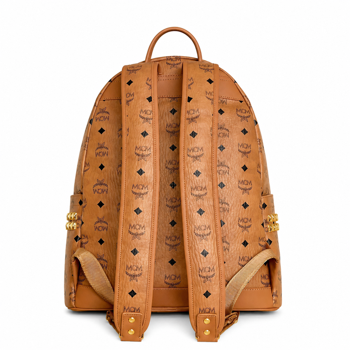 MCM Large Stark Backpack in Cognac Visetos – Classic Monogram Gold Studs Backpack with Gold Plaque, 42.5x33.5x16cm