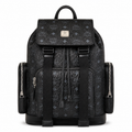 MCM Small Brandenburg Backpack in Black Visetos – Drawstring Flap Monogram Backpack with Silver Hardware, 28x38x13cm
