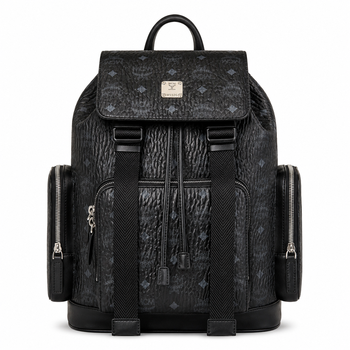 MCM Small Brandenburg Backpack in Black Visetos – Drawstring Flap Monogram Backpack with Silver Hardware, 28x38x13cm