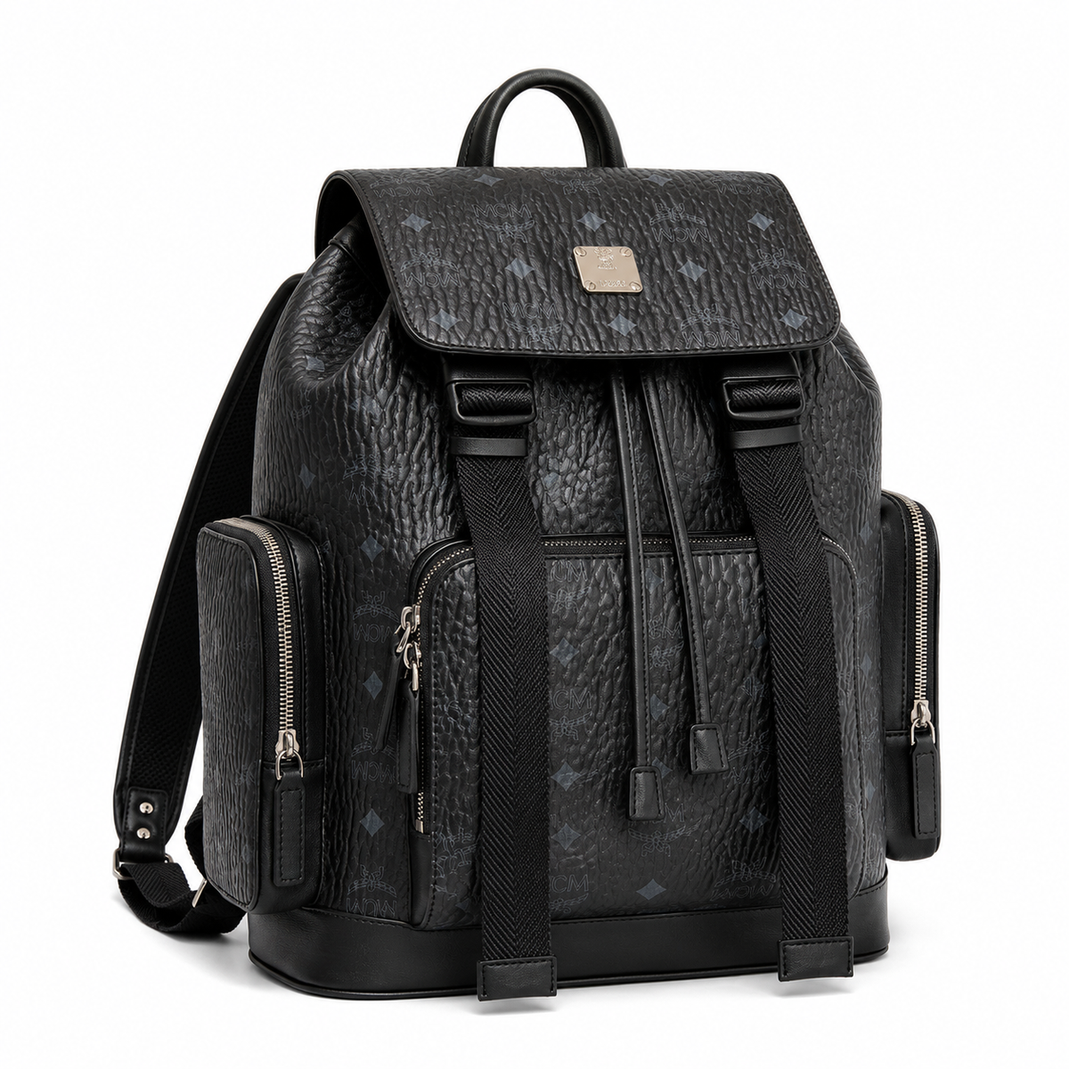 MCM Small Brandenburg Backpack in Black Visetos – Drawstring Flap Monogram Backpack with Silver Hardware, 28x38x13cm