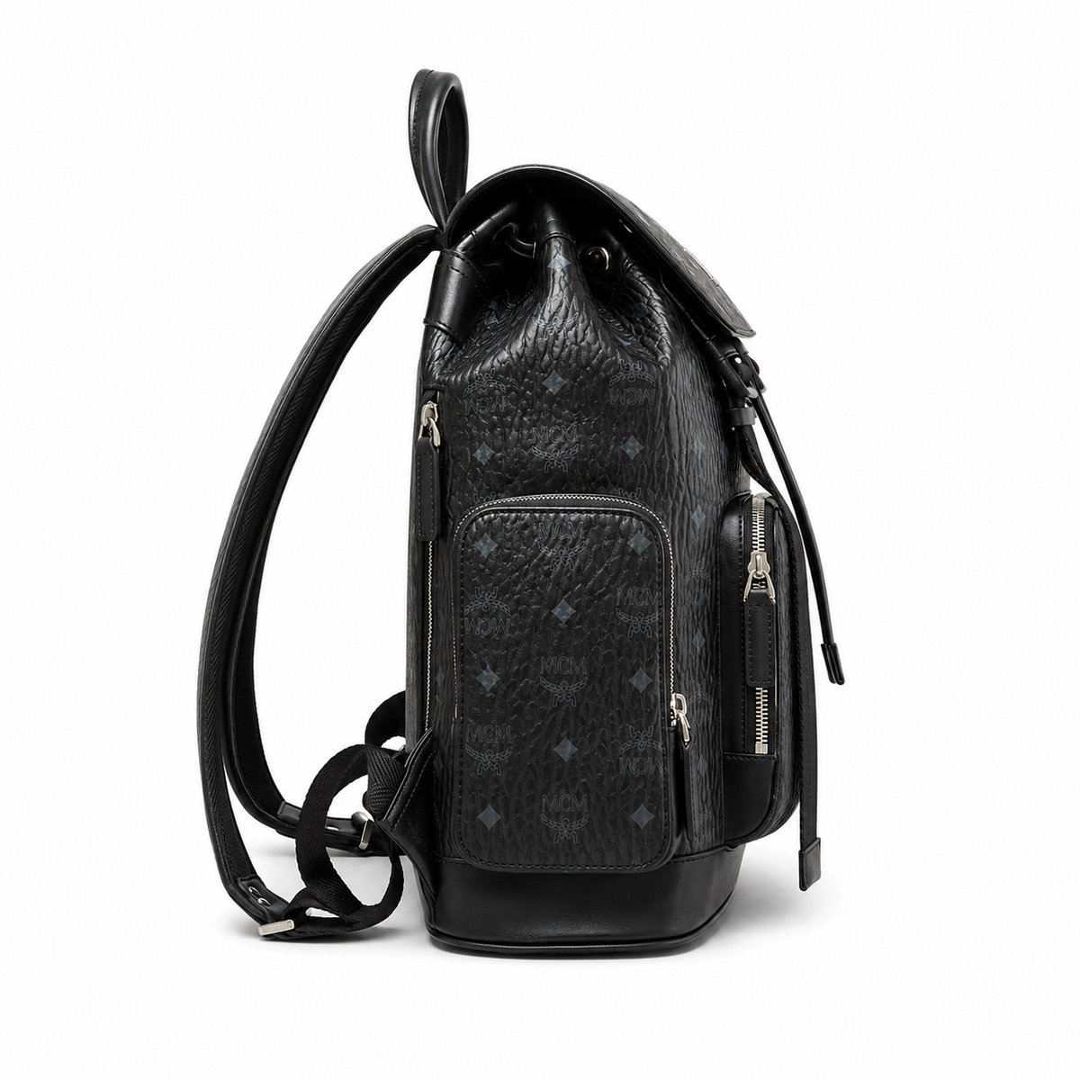 MCM Small Brandenburg Backpack in Black Visetos – Drawstring Flap Monogram Backpack with Silver Hardware, 28x38x13cm