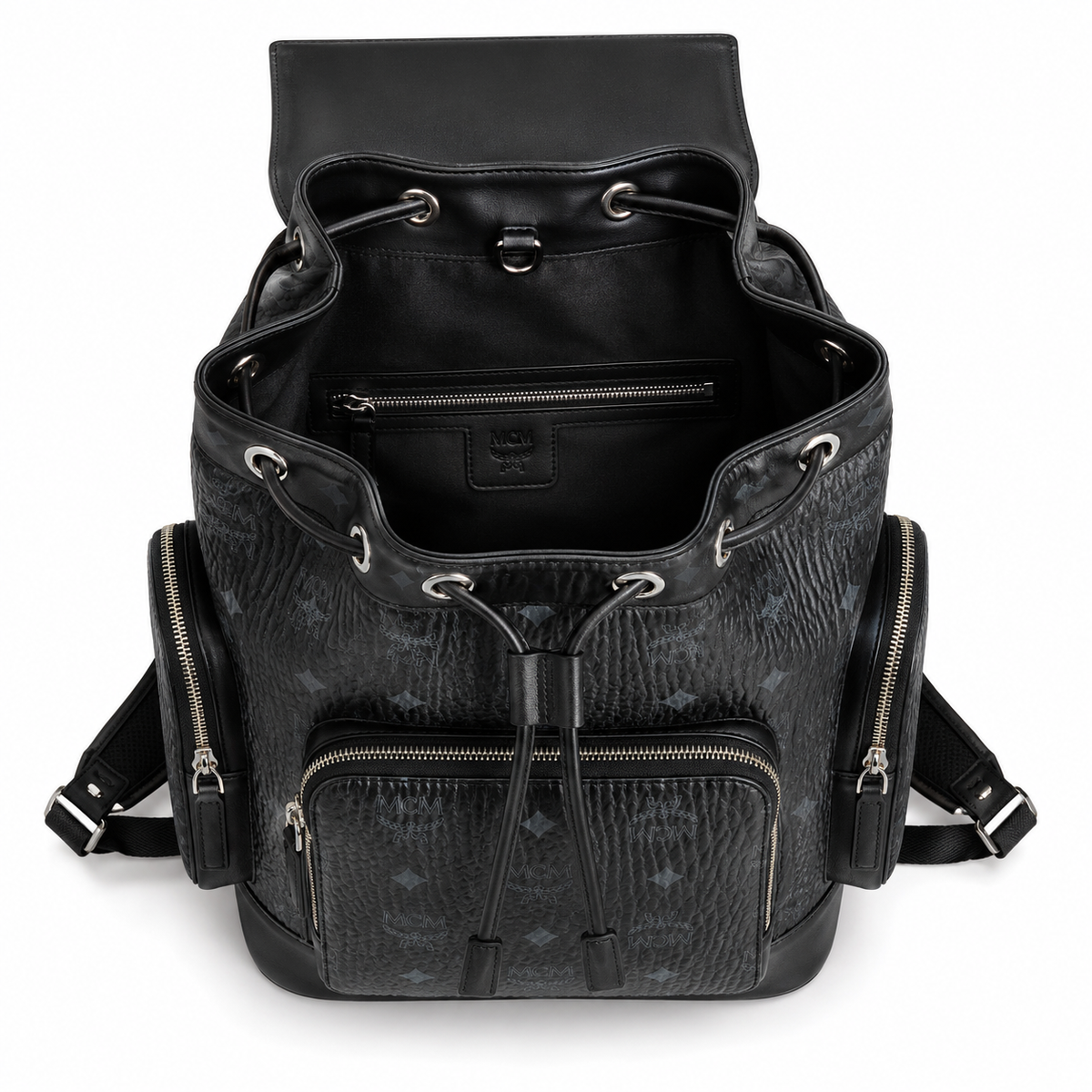 MCM Small Brandenburg Backpack in Black Visetos – Drawstring Flap Monogram Backpack with Silver Hardware, 28x38x13cm