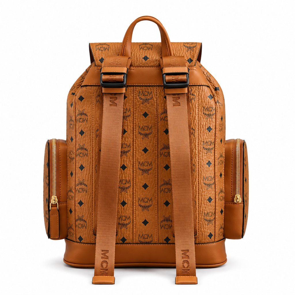 MCM Small Brandenburg Backpack in Cognac Visetos – Drawstring Flap Monogram Backpack with Gold Hardware, 28x38x13cm