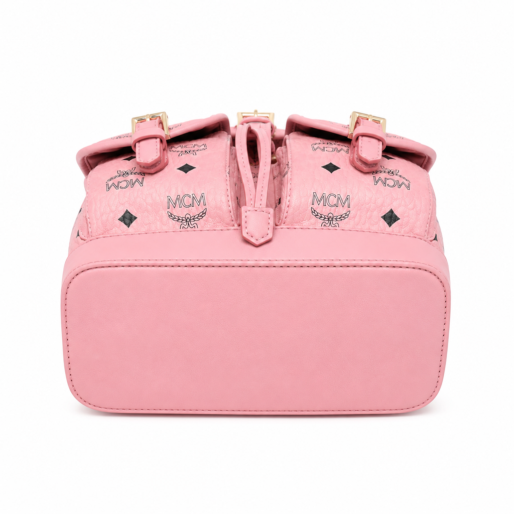 MCM Aren Mini Drawstring Chain Backpack in Peach Pink Visetos – Signature Monogram with Gold Chain Detail