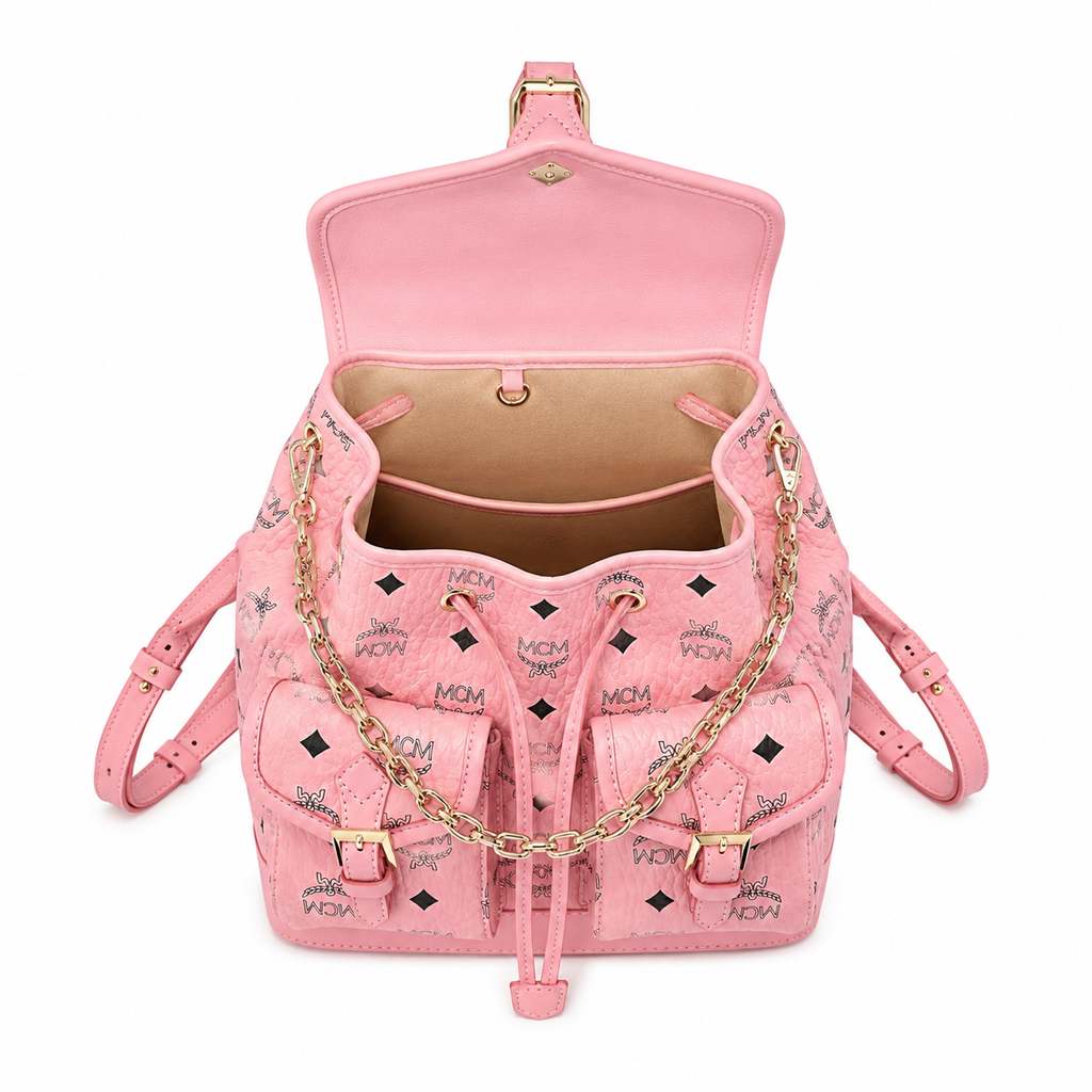 MCM Aren Mini Drawstring Chain Backpack in Peach Pink Visetos – Signature Monogram with Gold Chain Detail