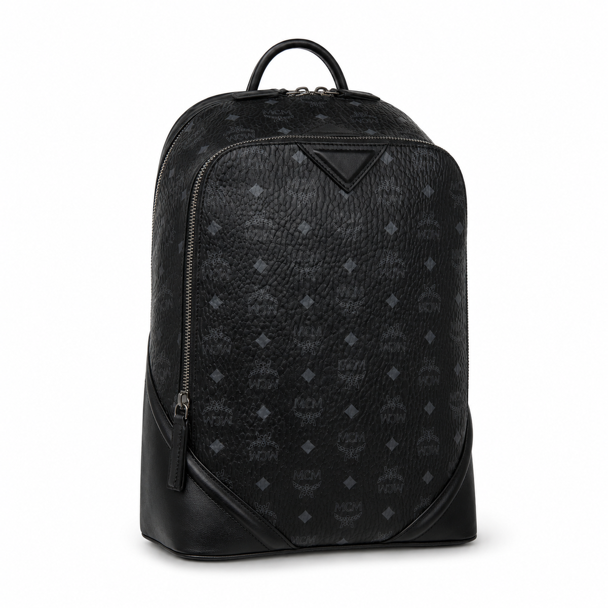 MCM Stark Medium Backpack in All-Black Visetos – Classic Monogram Backpack with Triangle Logo, Gunmetal Hardware, 42x30.5x18.5cm