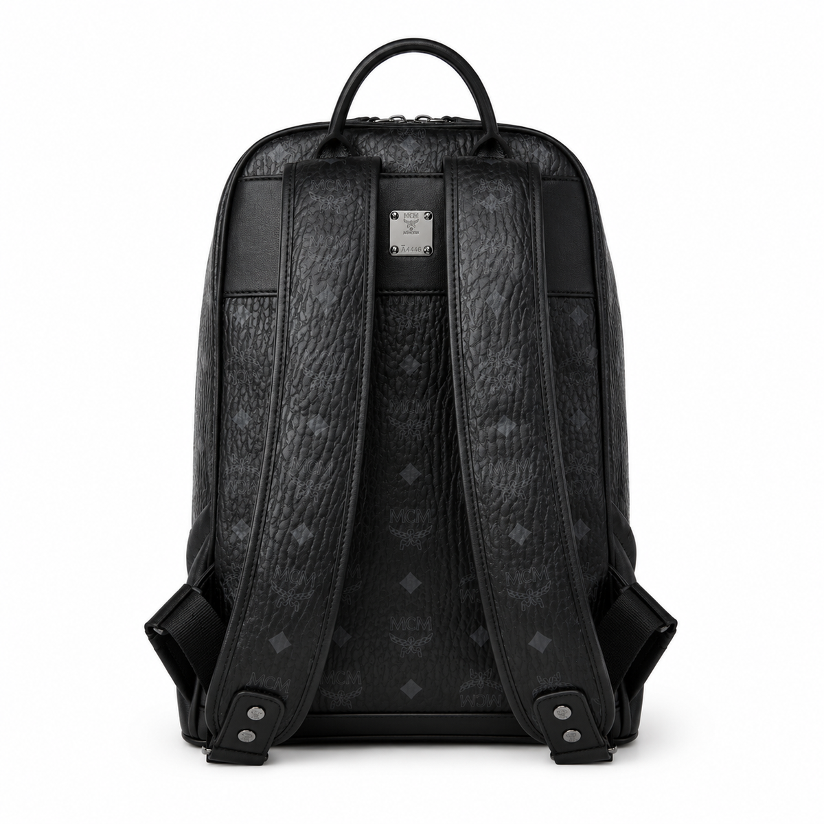 MCM Stark Medium Backpack in All-Black Visetos – Classic Monogram Backpack with Triangle Logo, Gunmetal Hardware, 42x30.5x18.5cm