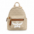 MCM Stark Mini Lauretos Backpack in Oatmeal Beige – Signature Monogram Coated Canvas with Large White Logo Print