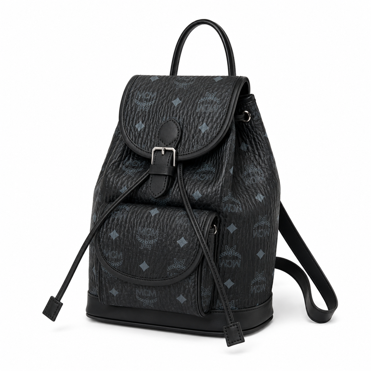MCM Aren Visetos Drawstring Backpack in Black – Signature Monogram Coated Canvas Mini Rucksack with Leather Trim, 26x21.5x11cm