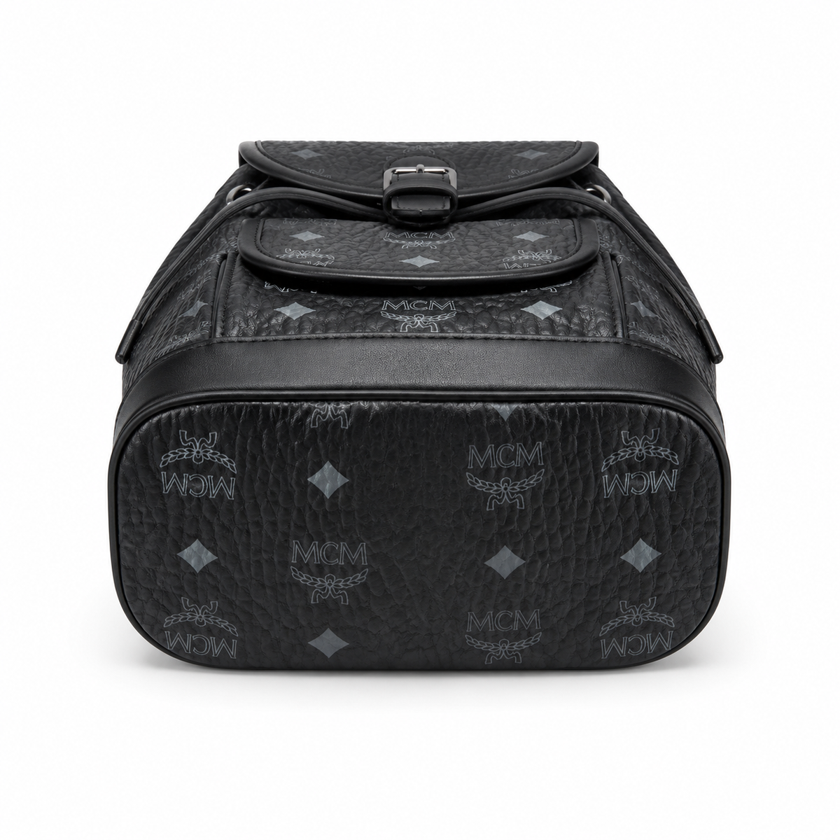MCM Aren Visetos Drawstring Backpack in Black – Signature Monogram Coated Canvas Mini Rucksack with Leather Trim, 26x21.5x11cm