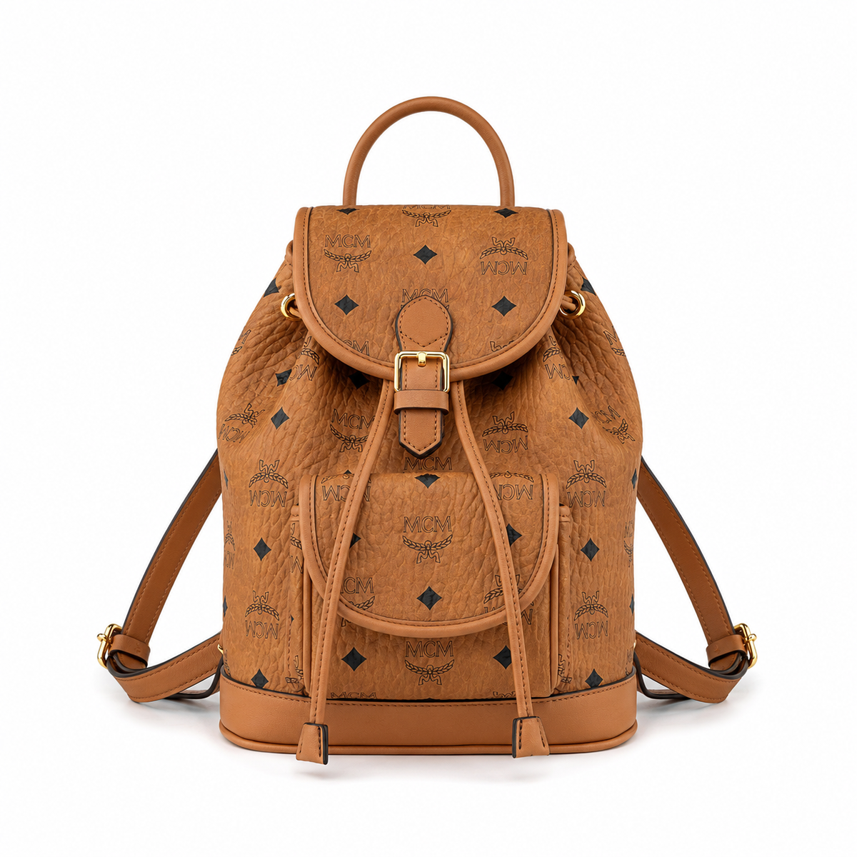 MCM Aren Visetos Drawstring Backpack in Cognac – Classic Monogram Coated Canvas Mini Rucksack with Leather Trim