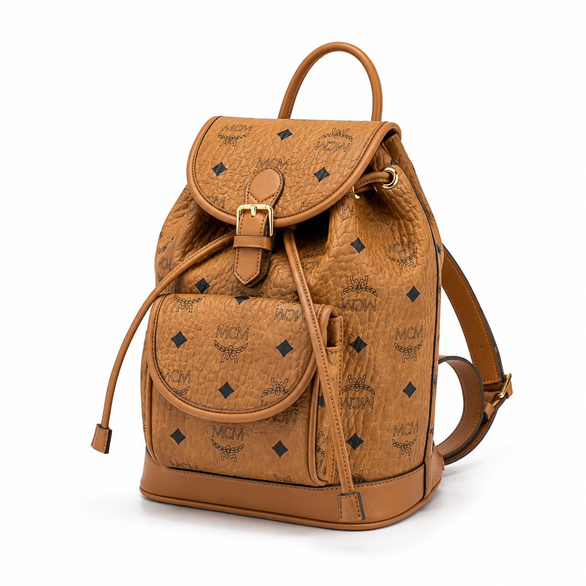 MCM Aren Visetos Drawstring Backpack in Cognac – Classic Monogram Coated Canvas Mini Rucksack with Leather Trim