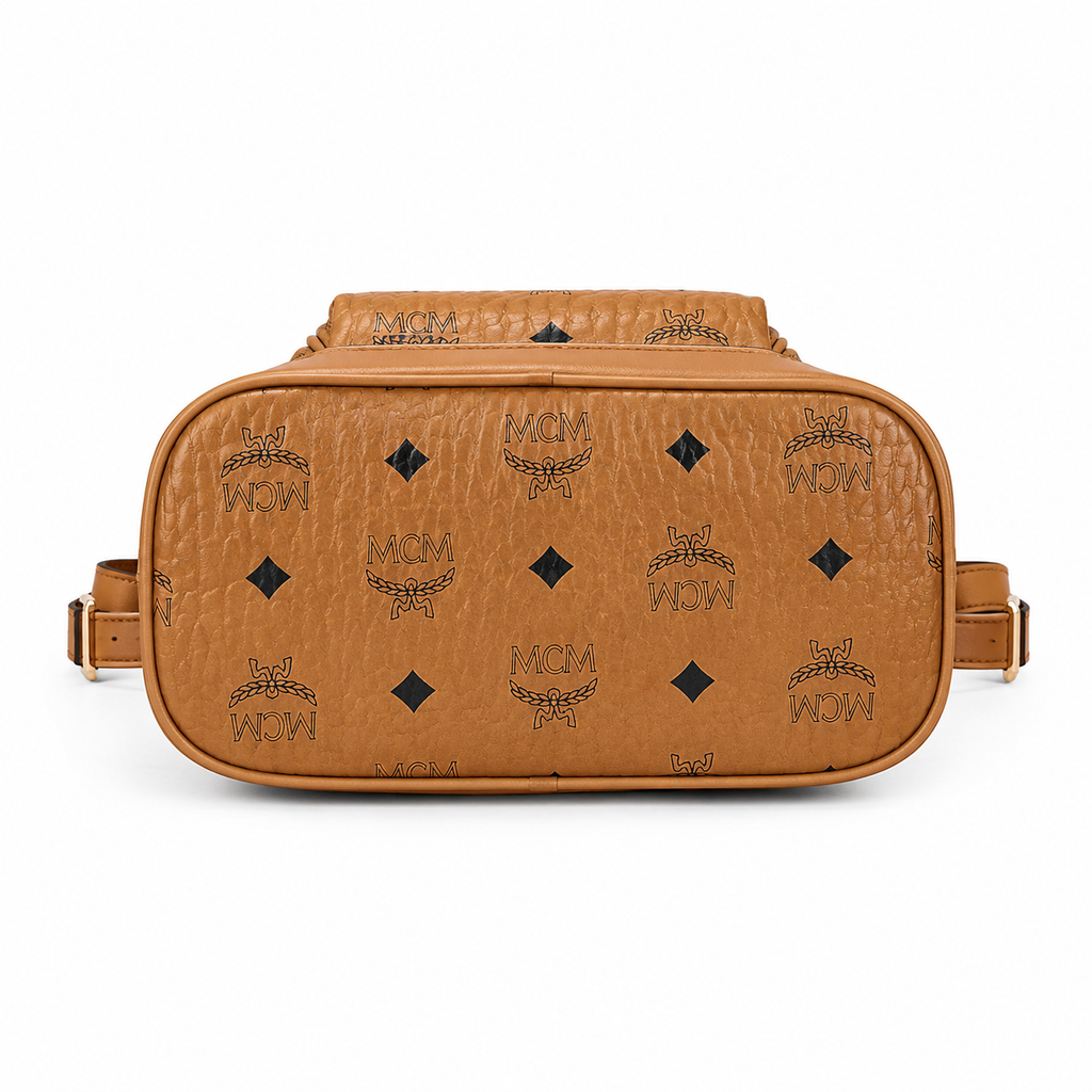 MCM Aren Visetos Drawstring Backpack in Cognac – Classic Monogram Coated Canvas Mini Rucksack with Leather Trim