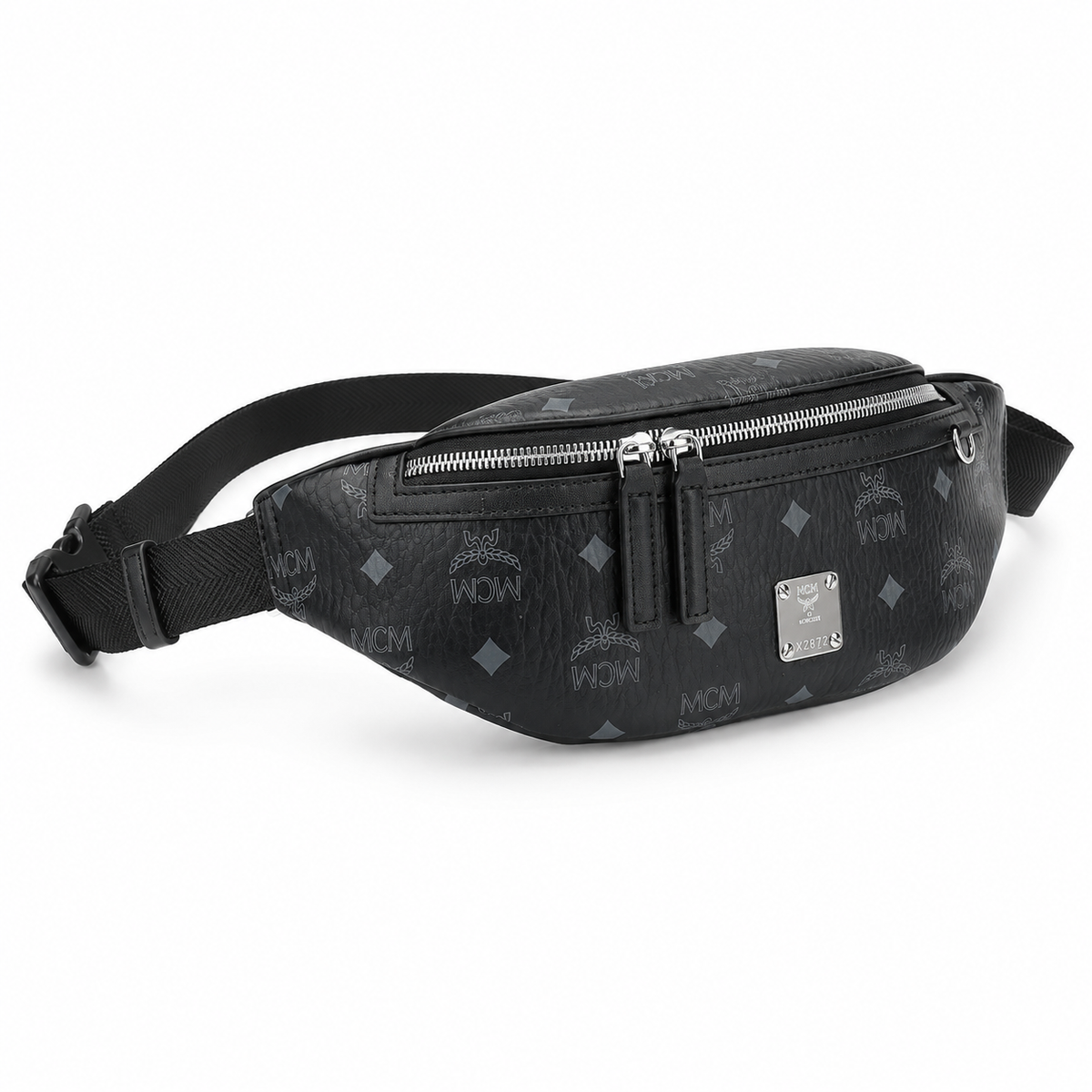 MCM Visetos Belt Bag in Black – Signature Monogram Coated Canvas Waist Bag with Silver Logo Plaque
