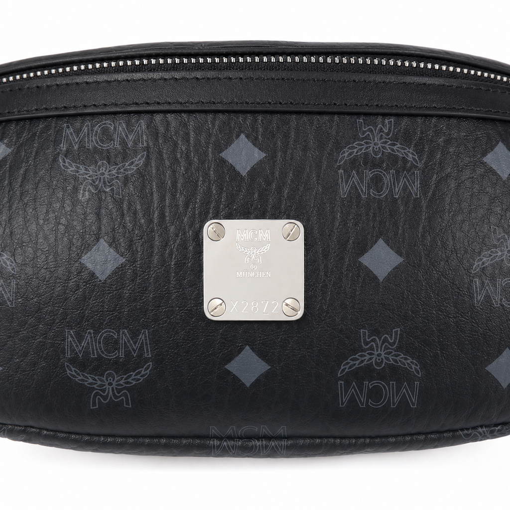 MCM Visetos Belt Bag in Black – Signature Monogram Coated Canvas Waist Bag with Silver Logo Plaque