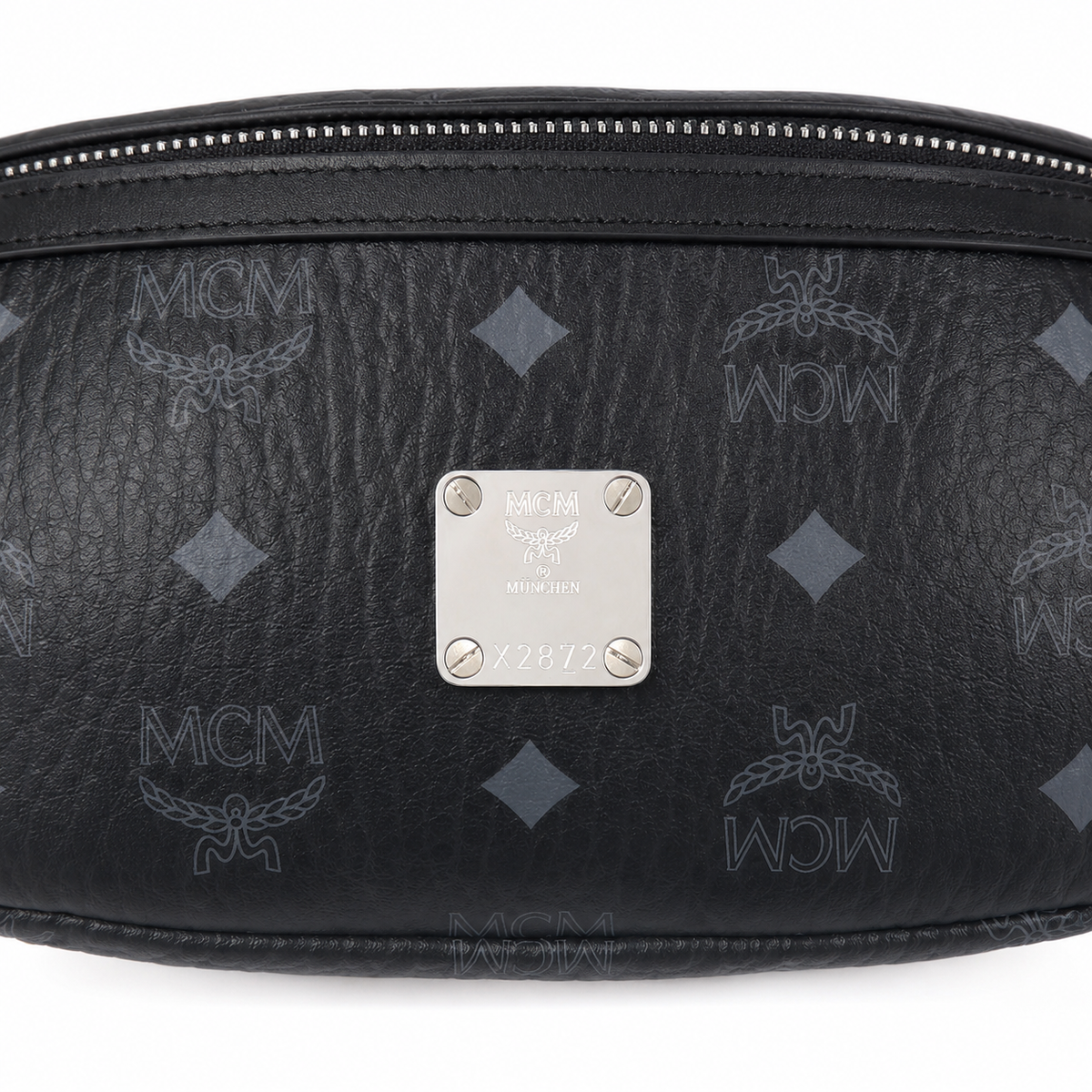 MCM Visetos Belt Bag in Black – Signature Monogram Coated Canvas Waist Bag with Silver Logo Plaque