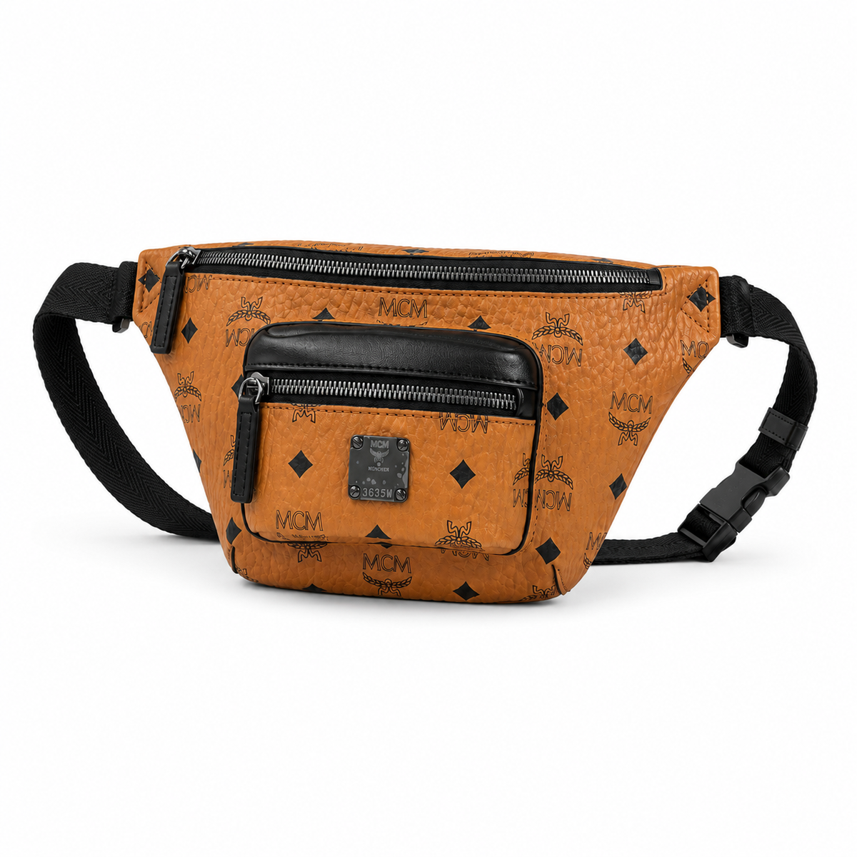 MCM Fursten Visetos Waist Bag in Cognac – Monogram Coated Canvas Belt Bag with Front Zip Pocket & Silver Plaque, 28.5x12.5x5.5cm