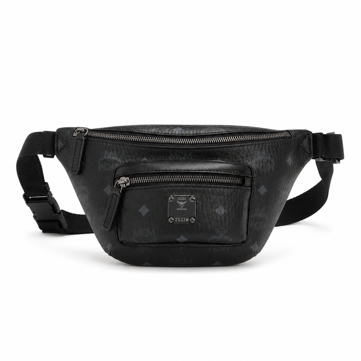 MCM Fursten Visetos Waist Bag in Black – Dark Monogram Coated Canvas Belt Bag with Front Zip Pocket & Black Plaque, 28.5x12.5x5.5cm