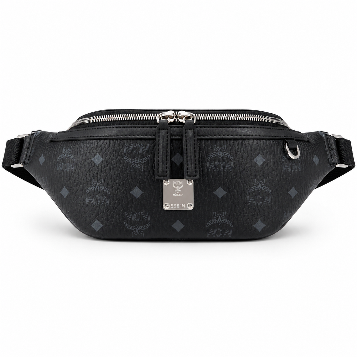 MCM Visetos Leather Belt Bag in Black – Pebbled Leather Mini Waist Bag with Tonal Embossed Monogram & Silver Plaque, 12x34x7cm
