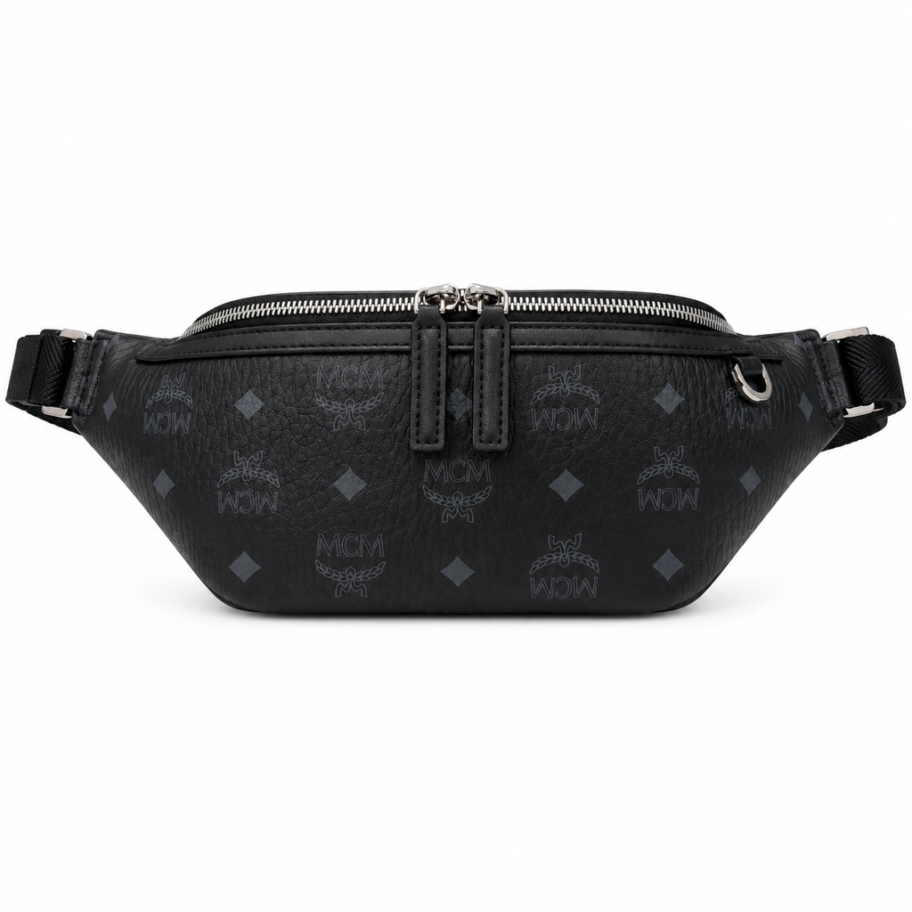 MCM Visetos Leather Belt Bag in Black – Pebbled Leather Mini Waist Bag with Tonal Embossed Monogram & Silver Plaque, 12x34x7cm