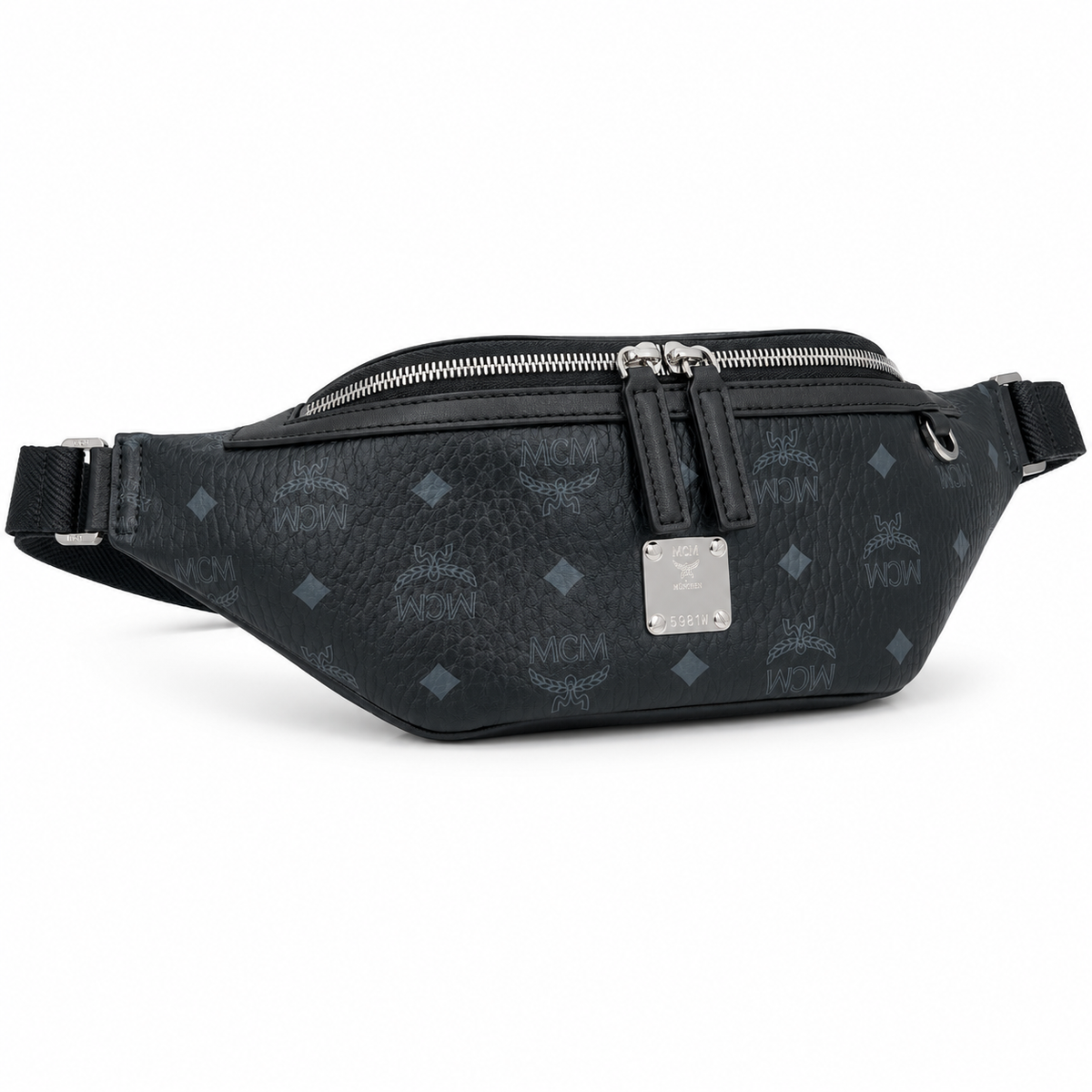 MCM Visetos Leather Belt Bag in Black – Pebbled Leather Mini Waist Bag with Tonal Embossed Monogram & Silver Plaque, 12x34x7cm
