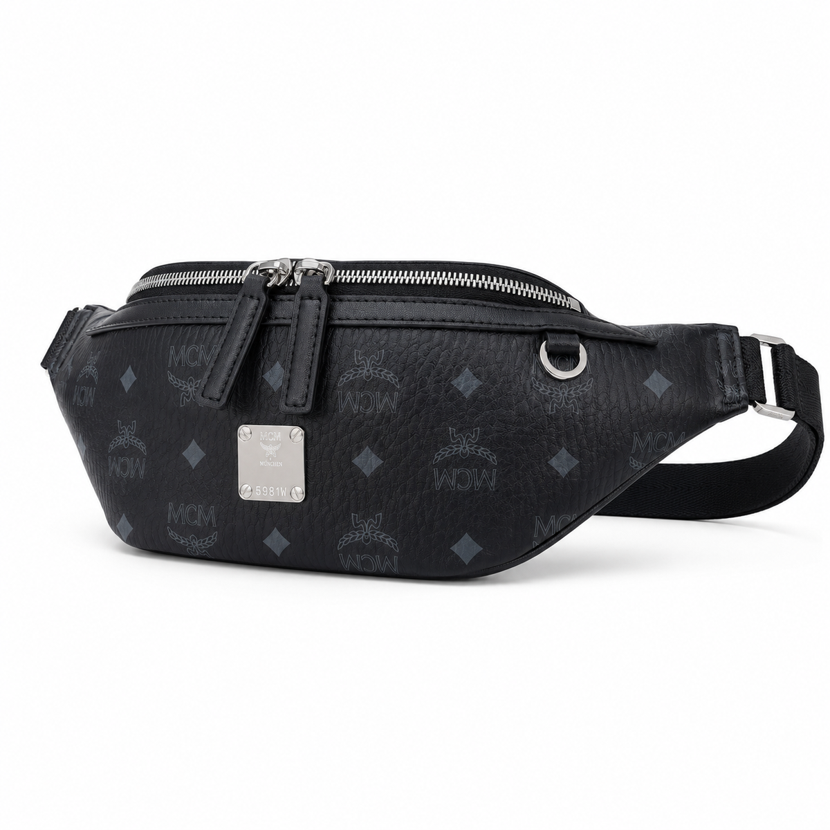 MCM Visetos Leather Belt Bag in Black – Pebbled Leather Mini Waist Bag with Tonal Embossed Monogram & Silver Plaque, 12x34x7cm