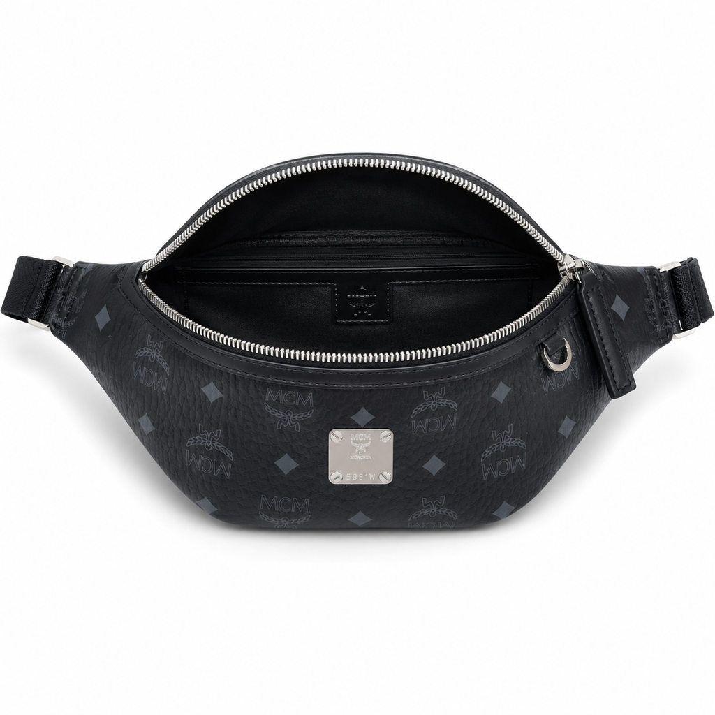MCM Visetos Leather Belt Bag in Black – Pebbled Leather Mini Waist Bag with Tonal Embossed Monogram & Silver Plaque, 12x34x7cm