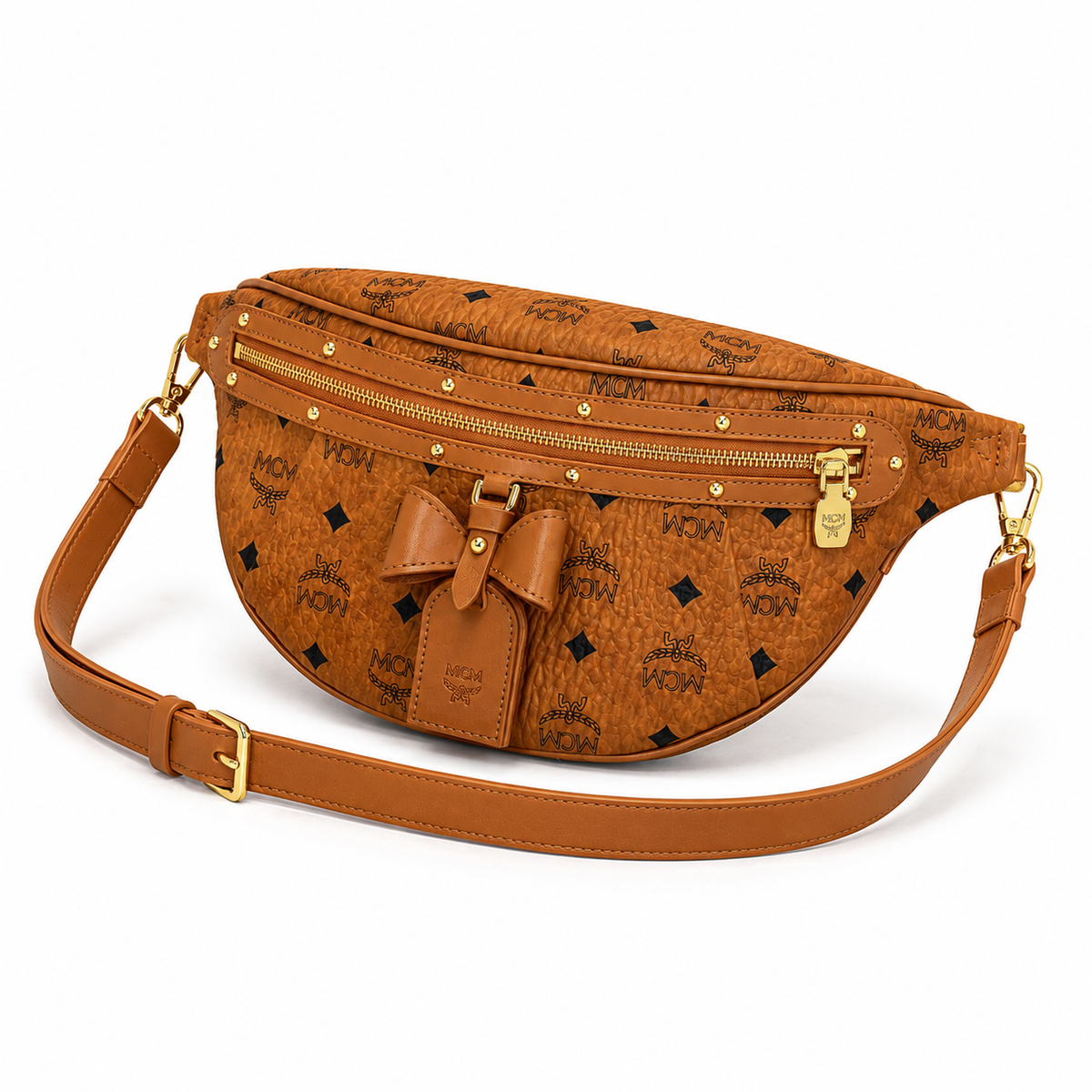 MCM Visetos Belt Bag with Bow in Cognac – Monogram Coated Canvas Waist Bag with Leather Bow, Rivets & Detachable Leather Strap, 25x18cm