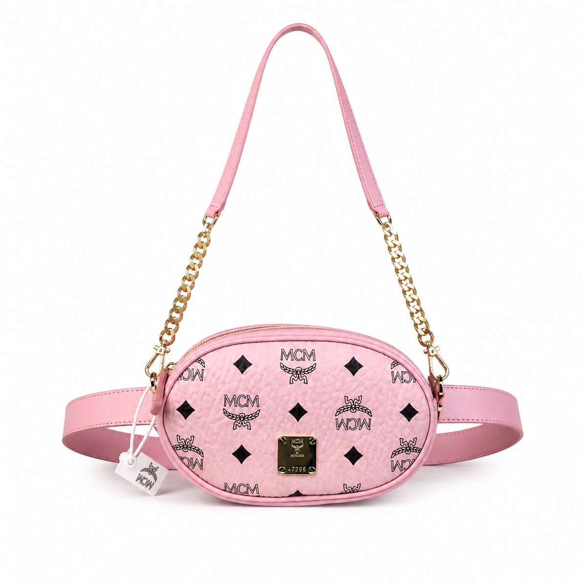 MCM Visetos Mini Oval Belt Bag / Crossbody Bag in Pink – Detachable Chain & Leather Straps