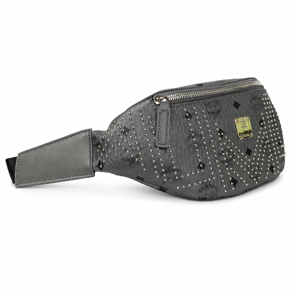 MCM Stark Grey Visetos Studded Belt Bag / Chest Bag – 32.5x14cm, Silver Studs & Adjustable Leather Strap