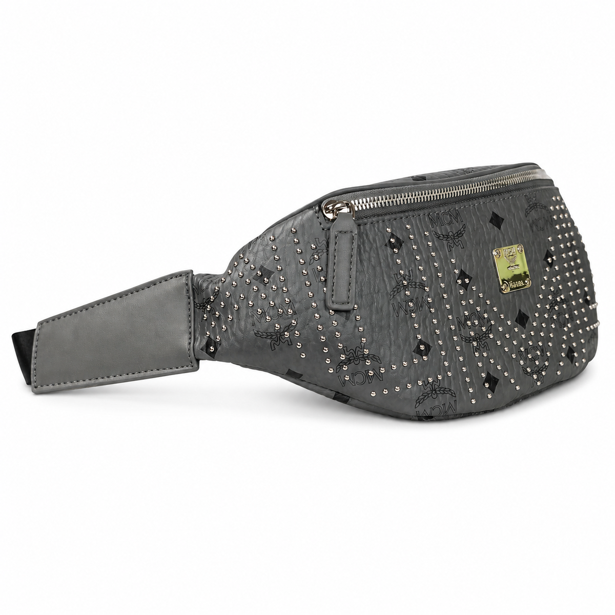 MCM Stark Grey Visetos Studded Belt Bag / Chest Bag – 32.5x14cm, Silver Studs & Adjustable Leather Strap