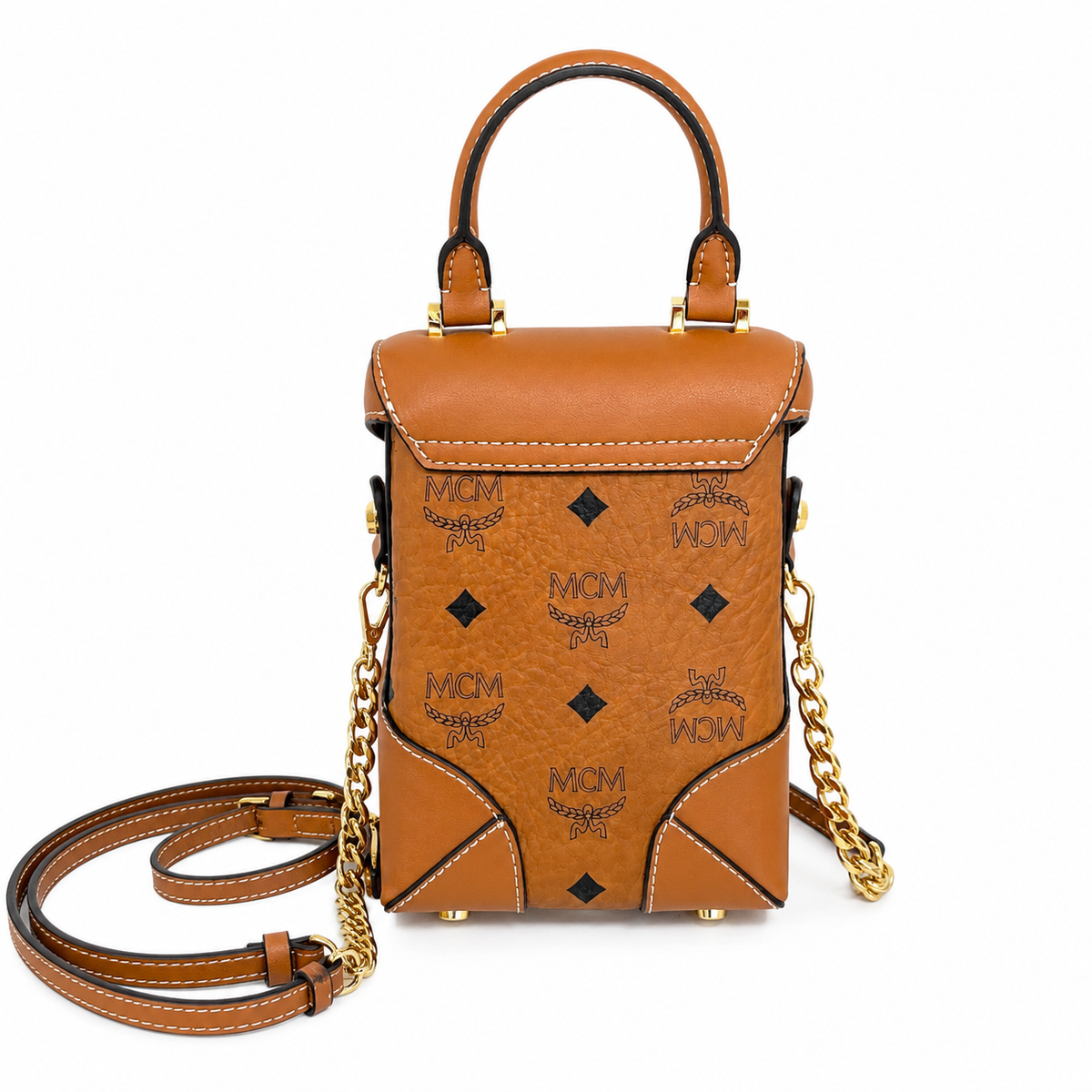 MCM Soft Berlin Visetos Mini Crossbody Bag – Cognac/Brown with Gold Chain & Leather Strap