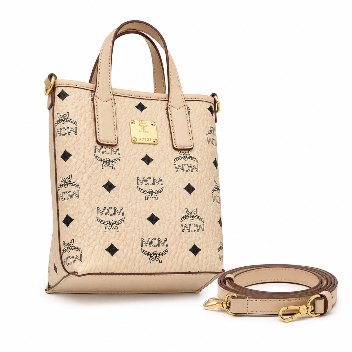 MCM Liz Visetos Mini Tote Bag – Beige/Cream with Gold Plaque & Detachable Strap